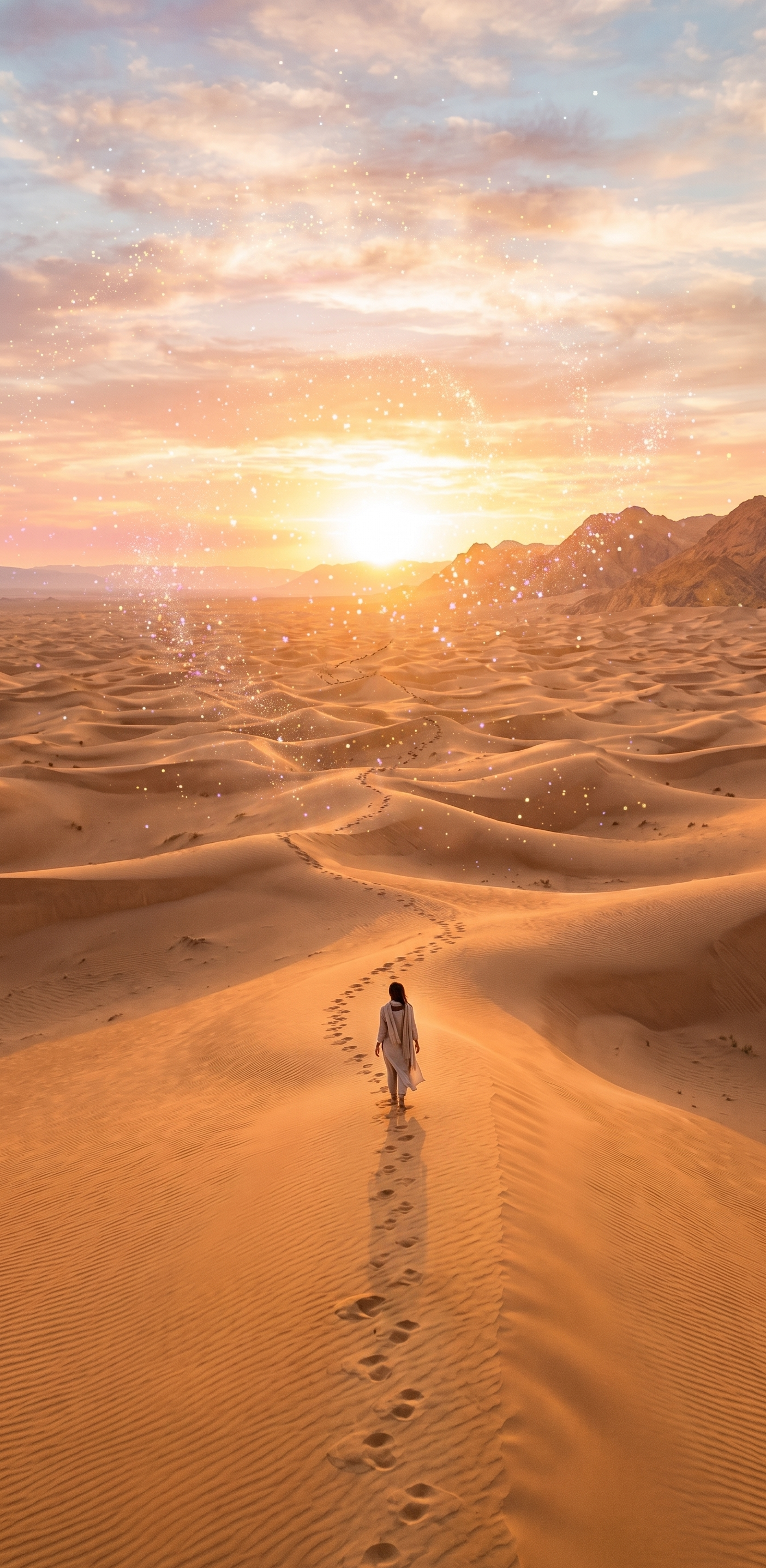Woman walking through golden desert dunes at sunset